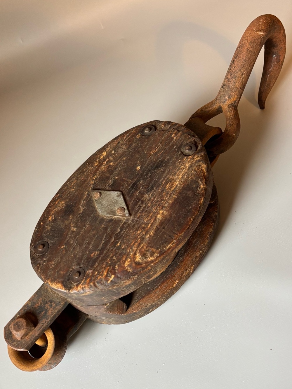 Antique Reclaimed  Wooden Pulley Block with Iron Hook - Rustic Authentic 14 inch
